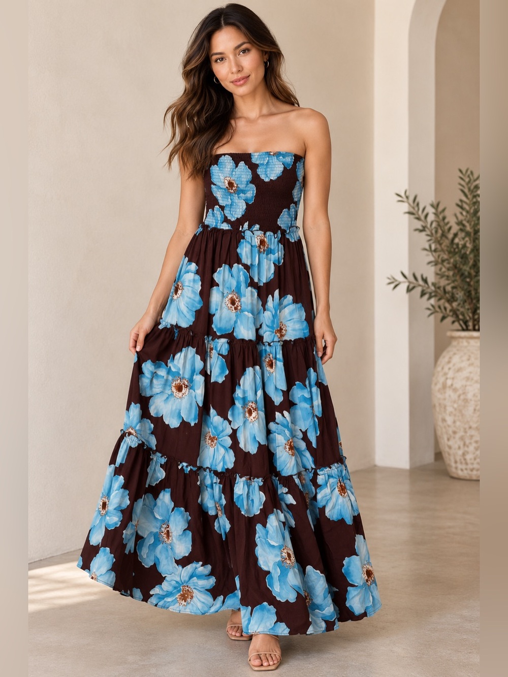 Abel The Label Brown Blue Floral Strapless Smocked Tiered Maxi Dress Large